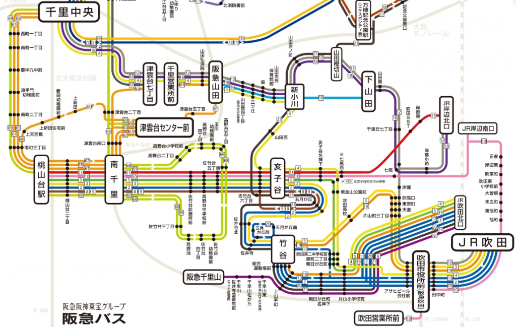 阪急バスの吹田市内線、千里ニュータウン線、阪大病院線路線図