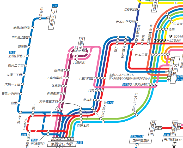 京阪バスのJR吹田駅からの路線図